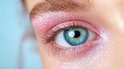 Woman eye with pink eyeshadow and glitter showing beauty treatment