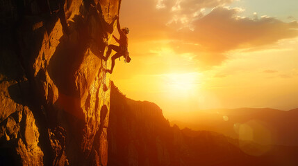 professional rock climber scaling rugged cliff during sunset, showcasing determination and adventure against stunning backdrop of nature