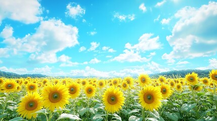 Blooming sunflower field under a bright blue sky with scattered clouds