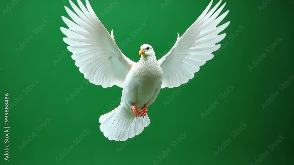 Poster white dove is flapping its wings while flying on a solid green screen background that can be easily 