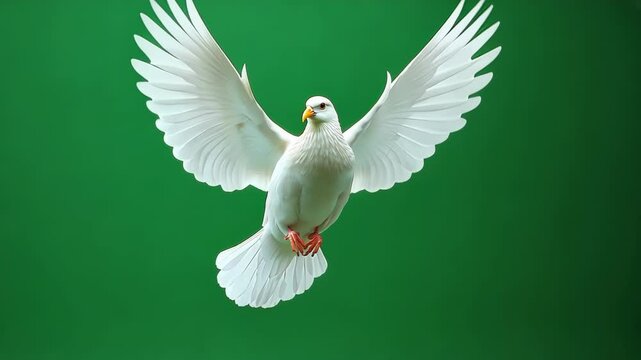 White dove is flapping its wings while flying on a solid green screen background that can be easily removed. This footage is perfect for visual effects and video editing