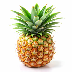 pineapple with a textured skin and green leaves on white background