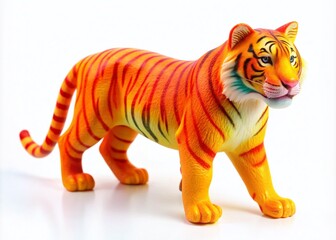 Obraz premium Brightly Colored Plastic Toy Tiger on a White Background Ideal for Children's Play and Education