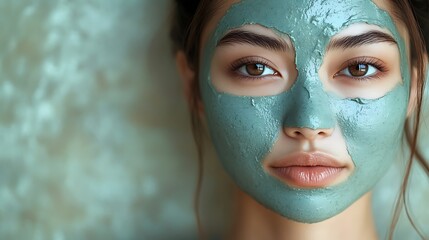 A peaceful moment of an Asian woman with a clay mask, her face glowing in soft daylight, minimalist spa-like background with neutral tones,