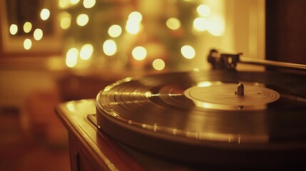 Obraz premium A close-up shot of a vintage record player spinning a vinyl record, with warm lighting and nostalgic decor, capturing the charm of analog music playback.