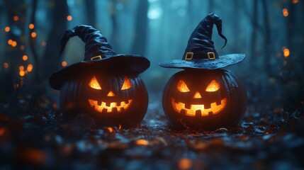 Fototapeta premium Glowing Jack-o'-Lanterns with Witch Hats in a Spooky Halloween Forest