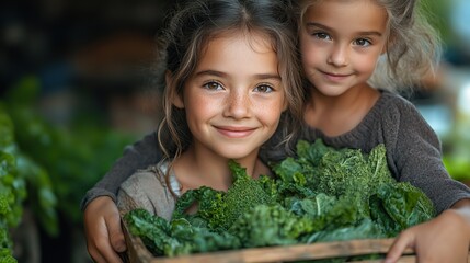 grandmother with granddaughter with crate full of vegetables concept of importance of grandparents grandchild relationship intergenerational gardening