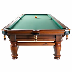A wooden billiards table with green felt holds six pool balls isolated on white background