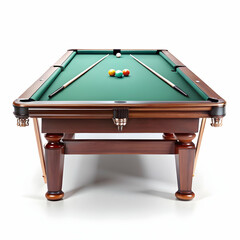 A wooden billiards table with green felt holds six pool balls isolated on white background