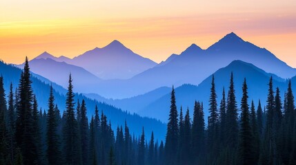 Naklejka premium Stunning mountain range at sunset with layered peaks and evergreen trees.