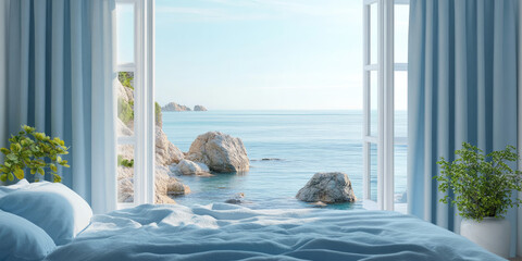 Modern bedroom overlooking a rocky ocean with open windows letting in the sea breeze
