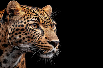 Naklejka premium Leopard looking away from camera on black background