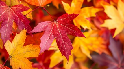 Obraz premium Vibrant autumn leaves in shades of red, orange, and yellow, isolated on a natural background.