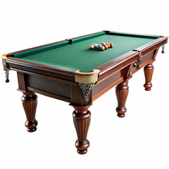 A wooden billiards table with green felt holds six pool balls isolated on white background