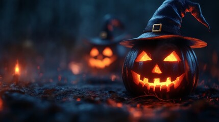 Obraz premium Glowing Jack-o'-Lanterns with Witch Hats in a Spooky Halloween Forest