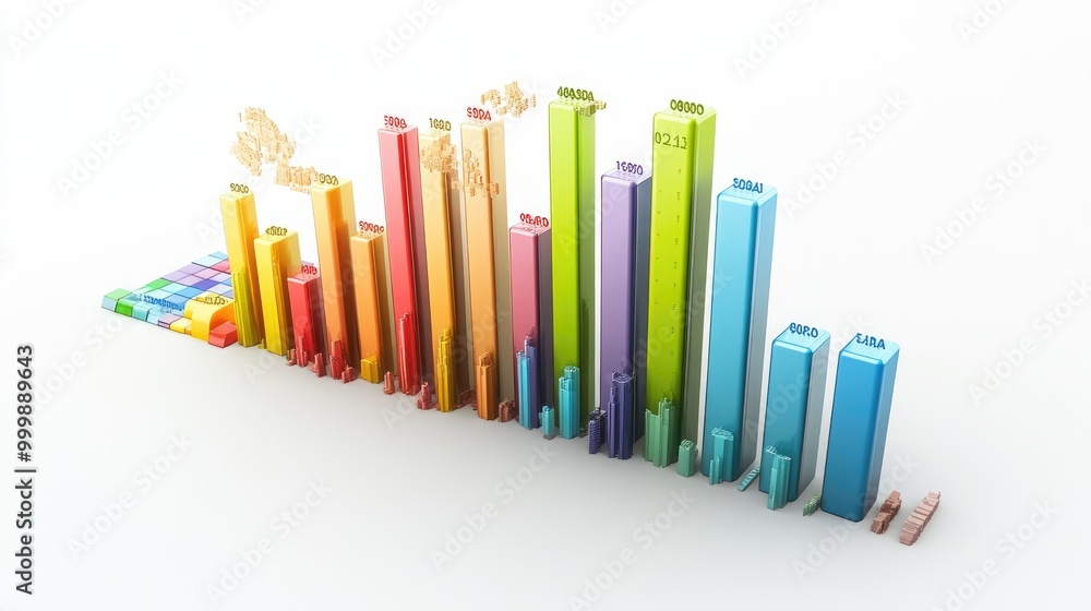Poster a colorful 3d bar chart illustrating global economic performance, with each bar representing a diffe
