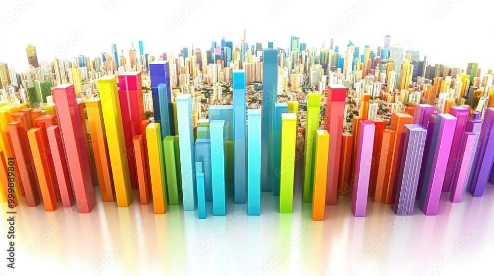 Poster a colorful 3d bar chart illustrating global economic performance, with each bar representing a diffe