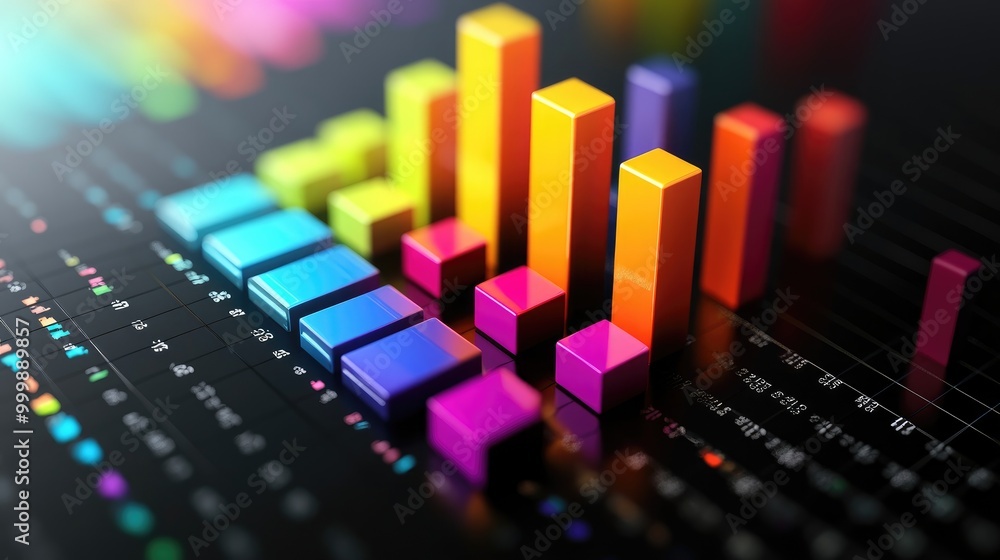 Poster a colorful 3d bar graph displaying data trends with vibrant segments, set against a sleek black back