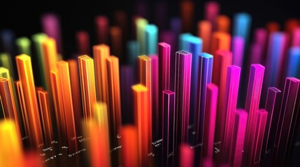 Obraz premium A colorful 3D bar graph displaying data trends with vibrant segments, set against a sleek black background, emphasizing modern data visualization techniques.
