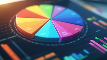 Obraz premium A colorful 3D pie chart on a tablet screen, showcasing portfolio performance, with each slice representing different financial categories.