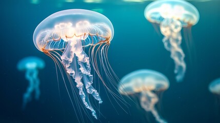 Graceful jellyfish swimming in clear blue water, mesmerizing and ethereal.