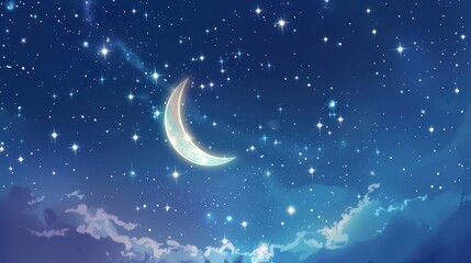 Naklejka premium Starry Night with Crescent Moon