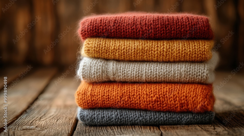 Aufkleber a stack of knitted sweaters in various autumnal colors, resting on a rustic wooden surface