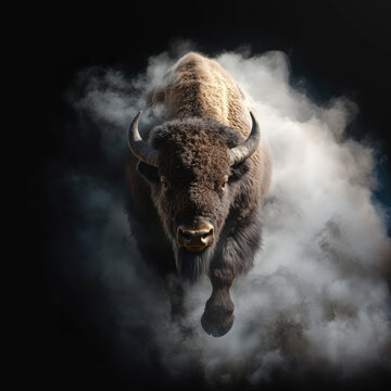 American bison charging through smoke on black background
