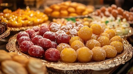 Fototapeta premium A colorful array of Indian sweets, such as gulab jamun and jalebi, displayed on a decorative platter, inviting viewers to indulge in the rich flavors of Indian desserts.