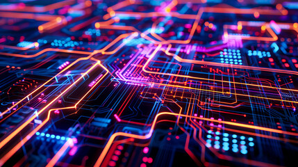 Fototapeta premium Vibrant abstract representation of digital transformation in manufacturing, showcasing intricate circuit patterns and glowing lines. image evokes sense of innovation and technology