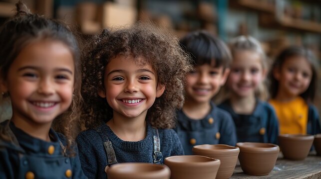 group of little kids with teacher working with pottery clay during creative art and craft class at school