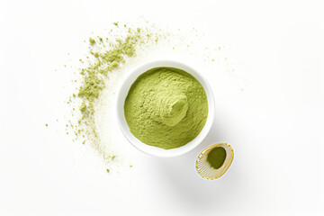 A tall glass of vibrant green matcha smoothie, topped with a sprinkle of matcha powder and garnished with fresh mint leaves. The texture is creamy, with condensation on the glass, on white background