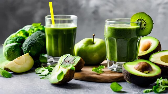  Freshly blended green smoothie with avocado kiwi and apple topped with a slice of kiwi
