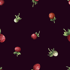 Wild strawberry berries red and green on dark background. Seamless geometric pattern, watercolor illustration. For fabric and textile design, wallpaper and wrapping paper, decor