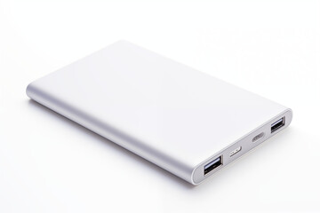 A sleek, modern power bank with metallic edges and a digital display showing the charging percentage. The power bank is placed on a wooden table with a phone plugged in, showing charging icon on phone