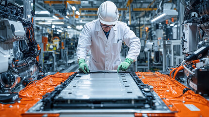 Engineer inspecting electric vehicle lithium battery pack during production