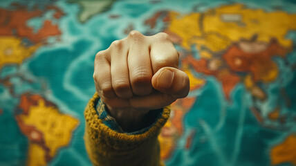 Celebrating International Volunteer Day with a raised fist in front of a world map