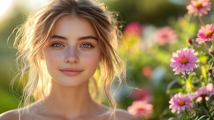 Naklejka premium A young woman with flawless skin, glowing in the soft morning light, standing in a vibrant garden, her radiant complexion complemented by blooming flowers and greenery,