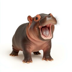 Playful baby pgymy hippopotamus with an open mouth, on a white isolated background.