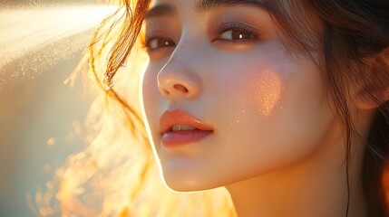 An Asian woman in golden hour light, gently misting her face with a hydrating spray, sunlight casting warm highlights on her glowing skin, smooth complexion,