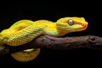 The Yellow White-lipped Pit Viper (Trimeresurus insularis) closeup on branch with black background, generative ai