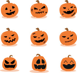Set pumpkin on white background. The main symbol of the Happy Halloween holiday. Orange pumpkin with smile for your design for the holiday Halloween. Vector illustration.
