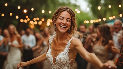 guests dancing at wedding reception outside in the backyard