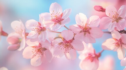 Naklejka premium A delicate close-up of blooming pink cherry blossoms against a soft blue sky, capturing the beauty of spring and the fleeting nature of floral life.