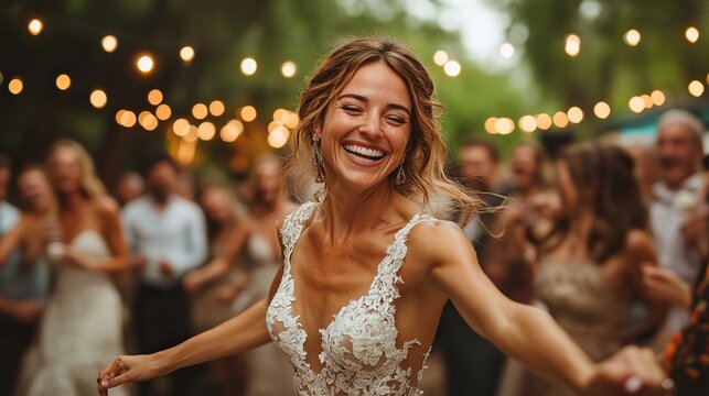 guests dancing at wedding reception outside in the backyard