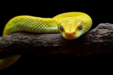 The Yellow White-lipped Pit Viper (Trimeresurus insularis) closeup on branch with black background, generative ai