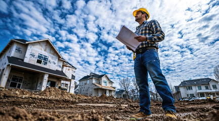 Construction manager reading blueprints while standing in front of houses being built