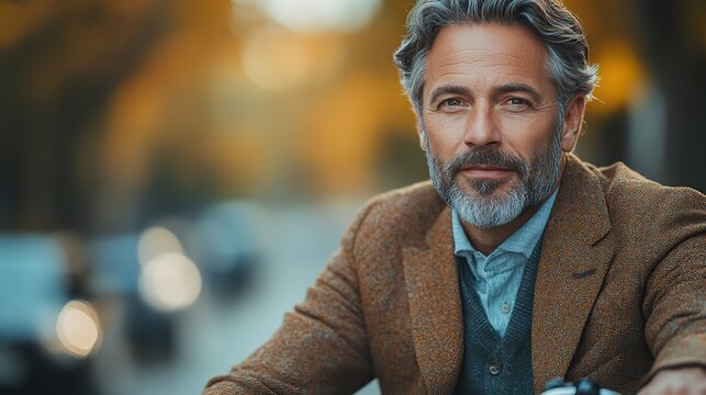 handsome middle aged man commuting through the city by bike in suit male city commuter traveling from work by bike after a long workday