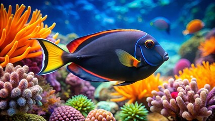 A vibrant underwater scene featuring a colorful fish swimming among coral and sea anemones, showcasing a diverse marine ecosystem.