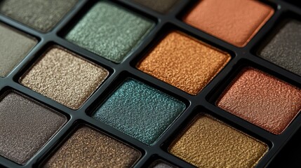 Fototapeta premium Minimalist eyeshadow palette with earthy tones, no logo, focal point on the smooth textures, no people, soft lighting.